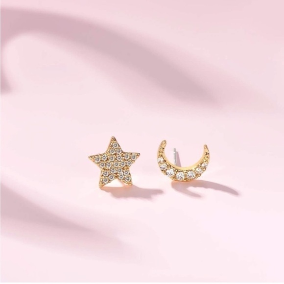 GOLD 14k Gold Plated Moon Star Cubic Zirconia Stud Earrings - Picture 4 of 4